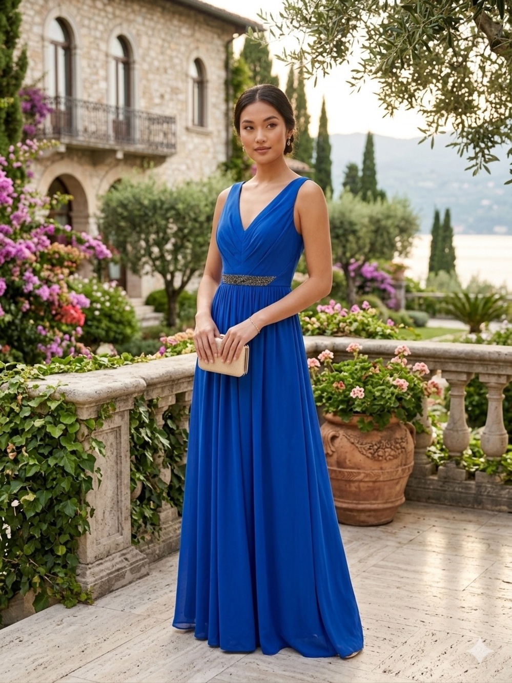David's Bridal Cobalt Blue V-Neck Maxi Gown